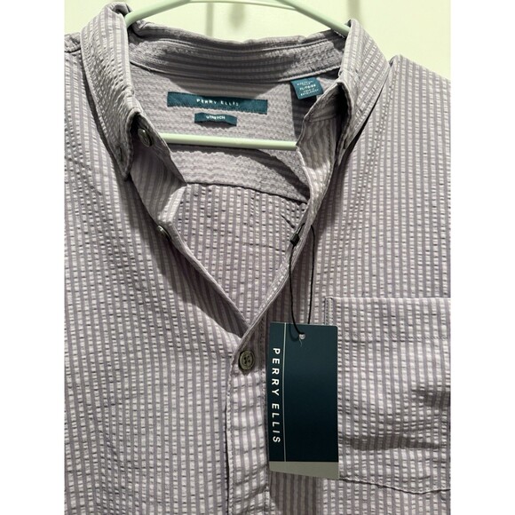NWT Perry Ellis Stretch Purple Textured Stripe Mens Short Sleeve Button Up XL - Picture 2 of 5